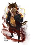  anthro blood bodily_fluids clothed clothing hi_res hyu hyucaze jacket magic male midriff red_smoke smoke solo topwear unknown_species 