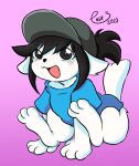  3_toes barefoot blush bottomless butt canid canine clothed clothing deltarune feet felid feline fur hair hat headgear headwear hi_res lndriu mammal open_mouth paws simple_background soles solo tem temmie_(undertale) text toes tongue topwear undertale undertale_(series) video_games white_body white_fur 