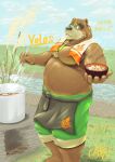  2021 anthro apron belly bottomwear brown_body brown_fur clothing cooking detailed_background eyewear food fur glasses hi_res humanoid_hands kemono lifewonders male mammal overweight overweight_male pants river satoshijoga1 solo tokyo_afterschool_summoners towel towel_around_neck ursid video_games volos 