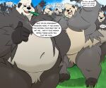  2021 anthro belly black_body black_nose dialogue english_text group hi_res humanoid_hands leaf male moobs navel nintendo outside overweight overweight_male pangoro pok&eacute;mon pok&eacute;mon_(species) scar text trashtoonz video_games white_body 