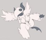  2016 3_fingers 3_toes chest_tuft claws digital_drawing_(artwork) digital_media_(artwork) feathered_wings feathers feet female feral finegan fingers fluffy fur genitals grey_background grey_body horn humanoid_genitalia humanoid_pussy looking_at_viewer lying mega_absol mega_evolution monochrome nintendo on_back open_mouth pok&eacute;mon pok&eacute;mon_(species) pussy simple_background solo spread_legs spreading toes tuft video_games white_body white_feathers white_fur wings 
