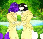 anthro black_hair canid canine cassielink clothing digit_ring digital_drawing_(artwork) digital_media_(artwork) duo fluffy fluffy_tail fur grass hair hi_res jewelry love male male/male mammal moss nature nature_background necktie nose_to_nose nuzzling painting_(artwork) plant purple_body purple_fur purple_hair ring romantic romantic_couple suit suit_jacket traditional_media_(artwork) tree water wedding wedding_ring 