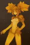  bangs blonde_hair breasts elemental_creature elemental_humanoid female genitals hair humanoid humanoid_pointy_ears looking_at_viewer medium_breasts mostly_nude navel nipples pigtails pussy ribs small_waist solo standing syvaron yellow_body yellow_eyes 
