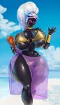  alien atya big_breasts bikini black_body breasts bulging_breasts cleavage clothed clothing duck_dodgers female hair hi_res huge_breasts humanoid mouthless not_furry queen_tyr&#039;ahnee swimwear thick_thighs white_hair wide_hips 