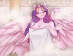  2021 anthro blueomlette blush breasts equid equine eyebrows eyelashes eyes_closed feathered_wings feathers female friendship_is_magic fur hair horn long_hair looking_at_viewer mammal mature_female multicolored_hair my_little_pony pink_body pink_fur princess_cadance_(mlp) sauna smile smiling_at_viewer solo spread_wings steam towel towel_only winged_unicorn wings 