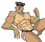  abs anthro beard bulge clothed clothing darknaigart facial_hair facial_piercing fur green_hair hair hat headgear headwear hi_res jockstrap male mammal muscular muscular_anthro muscular_male nipples nose_piercing nose_ring pecs piercing simple_background solo topless underwear ursid white_background 