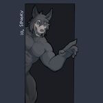  1:1 2021 abs anthro big_muscles black_background black_body black_fur bone canid canine claws door english_text eyeless fur hair jrjresq leaning looking_at_viewer male mammal monster muscular muscular_anthro muscular_male nude number open_mouth open_smile pecs simple_background skull skull_head smile solo standing teeth text tuft 