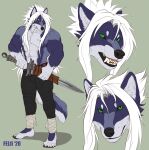  5_toes abs anthro barefoot bottomwear canid canine canis cerulan_(vall16) clothing fantasy feet felfi growling hair hi_res humanoid_feet male mammal melee_weapon model_sheet muscular muscular_male plantigrade solo sword toes warrior weapon white_hair wolf 