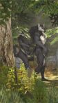  3d_(artwork) anthro black_sclera canid canine canis digital_media_(artwork) duo eye_contact female fluffy fluffy_chest fluffy_tail forest hi_res looking_at_another male mammal neck_tuft outside plant smile source_filmmaker surprised_expression tail_grab tail_hug tree tuft wolf wolf_(petruz) wolfikous yellow_eyes 