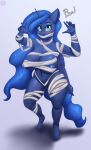  2021 anthro areola areola_slip blue_areola blue_body blue_hair blue_tail blush breasts clothing equid equine feathered_wings feathers female friendship_is_magic hair hasbro hi_res horn looking_at_viewer mammal my_little_pony nexcoyotlgt nipple_outline princess_luna_(mlp) solo text unicorn_horn winged_unicorn wings wraps 