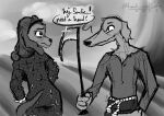  anthro biped bird_dog borzoi canid canine canis clothed clothing cocker_spaniel dialogue digital_media_(artwork) domestic_dog duo english_text farm female frown fur greyscale hair halcyon_(series) hi_res hunting_dog lost_andsafe male male/female mammal melee_weapon monochrome outside polearm screentone scythe sighthound smile spaniel text weapon 