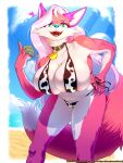 3:4 animal_print anthro areola big_breasts bikini breasts canid canine cleavage clothed clothing collar condom cow_print denisse female fox fur hi_res holding_condom holding_object huge_breasts mammal pink_body pink_fur renatetherat sexual_barrier_device side-tie_bikini solo swimwear 