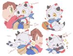  anthro backpack bandai_namco brown_hair burger ceratopsian digimon digimon_(species) digimon_ghost_game dinosaur duo eating food gammamon garrrzzz hair hiro_amanokawa horn human male mammal ornithischian reptile scalie triceratops white_body yellow_eyes 