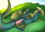  anus claws dragon feet feral foot_grab genitals grass green_body hindpaw horn lying male on_side outside pawpads paws penis plant scalie sense_(cyberneticdragon) solo staffkira2891 tongue tongue_out 