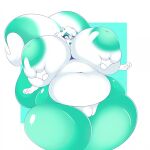  1:1 anthro areola arizonathevixen belly big_breasts blush breast_grab breasts curvy_figure disembodied_hand eyebrows eyelashes facial_piercing female fingers fur genitals green_body green_fur green_nose hair hand_on_breast hi_res huge_breasts huge_thighs hyper hyper_breasts hyper_thighs inverted_nipples lavender_(arizonathevixen) looking_at_viewer mammal mephitid navel nipples nose_piercing nose_ring nude open_mouth overweight overweight_anthro overweight_female piercing pussy red_eyes simple_background skunk solo striped_skunk surprised_expression thick_thighs voluptuous white_hair wide_hips 