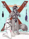  2001 3:4 anthro bdsm bondage bound collar dominant dominant_male duo facial_hair flogger guppy_(artist) harness kneeling lagomorph leather leather_harness leporid male male/male mammal paddle procyonid rabbit raccoon riding_crop saint_andrew&#039;s_cross standing studded_collar studded_leather submissive submissive_male whip 