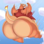  anthro belly big_butt bottomless butt charizard clothed clothing facial_piercing fire flaming_tail hi_res horn_jewelry horn_ring huge_butt hyper hyper_butt male megacoolbear_(artist) moobs motion_lines nintendo nose_piercing nose_ring obese obese_anthro obese_male orange_body overweight overweight_anthro overweight_male piercing pok&eacute;mon pok&eacute;mon_(species) red_clothing red_shirt red_topwear ring_(jewelry) shirt sky solo teeth thick_thighs topwear video_games wings 