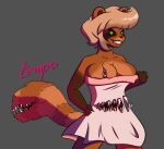  anthro breasts brown_body brown_fur canid canine cleavage clothed clothing dress female fur gore green_eyes hand_on_hip mammal markings mimic pink_lighting raccoon_dog sharp_teeth signature snake_metal_(artist) solo stomach_mouth striped_markings striped_tail stripes tail_markings tail_mouth tanuki teeth torn_clothing unusual_anatomy unusual_tail 