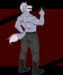  2021 absurd_res anthro back_muscles boots bottomwear butt canid canine canis claws clothing digital_drawing_(artwork) digital_media_(artwork) footwear fur gesture grey_body hi_res looking_at_viewer male mammal middle_finger multicolored_body multicolored_fur muscular nintendo pants rear_view seachord shirtless smile solo star_fox teasing tight_clothing tongue tongue_out two_tone_body two_tone_fur video_games wolf wolf_o&#039;donnell 
