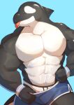  2021 abs anthro big_muscles blue_background blush bottomwear cetacean cilok clothed clothing delphinoid eyes_closed fin hi_res male mammal marine muscular muscular_anthro muscular_male navel oceanic_dolphin orca pecs shorts simple_background smile solo tongue tongue_out toothed_whale topless topless_male underwear wristband 