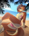  anthro beach bikini bikini_bottom bikini_thong bikini_top blush bulge butt canid canine canis clothed clothing crossdressing demura detailed_background digital_media_(artwork) domestic_dog fluffy fluffy_tail fur girly hair hi_res looking_at_viewer male mammal mocha outside palm_tree plant ponytail presenting presenting_hindquarters sand seaside sky smile solo string_bikini swimwear topwear tree water 