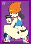  2021 anthro beanie big_butt bulge butt butt_tattoo canid canine canis clothed clothing collar crop_top crouching digital_media_(artwork) domestic_dog feet fingers footwear fur girly hat headgear headwear hi_res huge_butt looking_back male mammal meatboom microphone pants_down parappa parappa_the_rapper partially_clothed pink_clothing pink_thong pink_underwear purple_background rear_view shirt shoes simple_background simple_eyes solo sony_corporation sony_interactive_entertainment spiked_collar spikes tan_body tan_fur tattoo teeth thick_thighs thong tongue tongue_out topwear underwear video_games wide_hips 