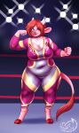  2017 absurd_res anthro belly belly_rolls big_breasts bovid bovine breasts cattle chubby_female clothing curvy_figure digital_media_(artwork) female fighting_ring hair hi_res mammal meganemausu overweight solo thick_thighs voluptuous wrestler 