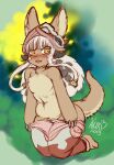  2019 anthro belly blush brown_body brown_fur clothed clothing female flat_chested fur hair hi_res horn inuki made_in_abyss nanachi narehate navel open_mouth slightly_chubby solo topless undressing white_hair yellow_eyes 