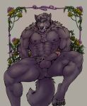  2021 abs anthro anus balls biceps blue_eyes brown_drawing_kuma butt canid canine canis chest_tuft claws digital_media_(artwork) ear_tuft erection fangs floral_background front_view fur genitals grey_body grey_fur grey_hair hair hi_res humanoid_genitalia humanoid_penis magnus_(wolfstar) male mammal muscular muscular_anthro muscular_male neck_tuft nipples nude pecs penis perineum presenting presenting_balls presenting_penis pubes quads sharp_teeth simple_background sitting solo tail_tuft teeth toe_claws triceps tuft wolf 