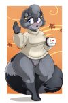  2021 anthro autumn black_nose bottomless clothed clothing curvy_figure digital_media_(artwork) ear_piercing female fur genitals grey_body grey_fur grey_hair hair hi_res holding_mug leg_markings looking_at_viewer mammal markings mature_anthro mature_female nightfaux ophelia_(nightfaux) partially_clothed piercing procyonid pussy raccoon raised_hand socks_(marking) solo sweater sweater_only thick_thighs topwear topwear_only voluptuous wide_hips 