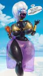  alien atya big_breasts bikini black_body breasts bulging_breasts cleavage clothed clothing duck_dodgers female hair hi_res huge_breasts humanoid mouthless not_furry queen_tyr&#039;ahnee swimwear thick_thighs white_hair wide_hips 