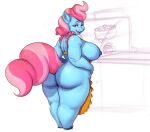  anthro anthrofied apron apron_only big_breasts big_butt blue_body breasts butt clothed clothing equid equine female friendship_is_magic hasbro huge_butt mammal mature_female mostly_nude mrs._cake_(mlp) msvondran my_little_pony no_underwear solo thick_thighs 