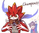  anthro bandai_namco betelgammamon brown_hair candy chocolate claws clothing dessert digimon digimon_ghost_game duo eating eltehh food hair hi_res hiro_amanokawa hoodie horn human male mammal red_body scarf topwear yellow_eyes 