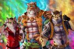  2018 7theaven absurd_res anthro blue_eyes bottomwear clothing clouded_leopard deity felid feline fingerless_gloves furaffinity gloves green_eyes group handwear hi_res hoodie leopard_cat likulau lin_hu male mammal muscular muscular_anthro muscular_male nekojishi pantherine prionailurus shorts shu-chi studio_klondike tattoo text tiger topwear trio url video_games visual_novel yellow_eyes 