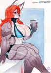  absurd_res anthro big_breasts breasts canid canine cleavage clothed clothing container cup female forearm_muscles hair hi_res holding_cup holding_object mammal murazaki muscular muscular_female red_hair sitting solo 