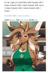  anthro antlers apron apron_only beverage big_breasts breasts clothing coffee container cup english_text female green_apron hainequem hi_res horn i_mean_breast_milk jackalope lagomorph mammal meme mostly_nude ravi_(pyrohemia) solo text 