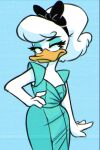  accessory anatid anseriform anthro avian bird black_eyes blue_background bow_ribbon clothed clothing daisy_duck disney dress duck eyelashes eyeshadow female hair hair_accessory hair_bow hair_ribbon hand_on_hip hi_res long_hair makeup ponytail ribbons simple_background solo standing unknown_artist white_hair 