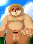  2021 absurd_res anthro balls belly blush bodily_fluids censored clothing cloud erection eyewear genitals glasses hat headgear headwear hi_res humanoid_genitalia humanoid_hands humanoid_penis kemono lifewonders male mammal moobs navel nipples one_eye_closed outside overweight overweight_male penis solo straw_hat sun sweat tokyo_afterschool_summoners ursid video_games volos wink zuboboz 