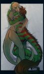  anthro belly_to_belly brown_body brown_hair brown_skin butt claws cuddling dinosaur dromaeosaurid duo embrace eyes_closed face_in_chest female female/female green_body hair hands_behind_back hands_behind_head hands_on_shoulders happy hug jenny_(slither) lizard lying monitor_lizard on_side raptie red_stripes reptile scalie shaded shadow simple_background smile striped_body stripes tail_tuft thebeesknees theropod tuft white_background 