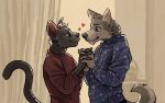  &lt;3 2021 anthro blue_clothing blue_eyes canid canine clothed clothing eye_contact felid feline hand_holding hi_res hoodie inside interlocked_fingers looking_at_another male male/male mammal mawfulme red_clothing standing topwear yellow_eyes 