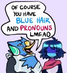  ambiguous_gender anthro armor avian beak berdly bird black_text blue_body blue_feathers blue_hair blue_skin blue_text clothed clothing deltarune dialogue duo english_text feathers fully_clothed hair hi_res highlighted_text human humor krillionaire kris_(deltarune) lol_comments male mammal mocking red_text scouter simple_background smug speech_bubble standing text tongue undertale_(series) video_games yellow_beak 