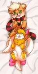  3_fingers 3_toes absurd_res ambiguous_gender ashley_(shaymin) bed_sheet bedding black_nose blonde_hair blue_eyes blush blush_lines bow_ribbon cute_fangs duo embarrassed featureless_crotch feet feral fingers flower fur green_eyes growlithe hair hi_res legendary_pok&eacute;mon lying lying_on_another murzikteijiro nintendo on_back open_mouth orange_body orange_fur pawpads paws plant pok&eacute;mon pok&eacute;mon_(species) scarf shaymin simple_background sky_forme_shaymin tanashi teeth toes tongue tongue_out video_games white_body white_fur yellow_body yellow_fur 