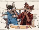  2021 5_fingers anthro blue_clothing blue_eyes blue_hoodie blue_topwear blush brown_body brown_fur canid canine cash_register clothed clothing detailed_background duo fingers fur hi_res hoodie inside male mammal mawfulme open_clothing open_mouth open_shirt open_topwear red_clothing shirt sitting topwear 