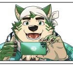  anthro bandanna big_nose bust_portrait canid canine canis cellphone domestic_dog eyebrows fur green_body green_eyes green_fur kerchief lifewonders live-a-hero male mammal mokdai natsunouro phone photographing portrait smartphone smile solo thick_eyebrows video_games 