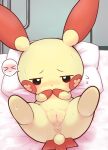  &gt;_&lt; anus bed blush bodily_fluids censored covering covering_mouth detailed_background embarrassed eyes_closed female feral furniture genital_fluids genitals inside kajiura nintendo pillow plusle pok&eacute;mon pok&eacute;mon_(species) pussy pussy_juice solo spread_legs spreading sweat video_games 