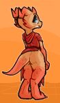  anthro blue_eyes bottomless clothed clothing eyelashes freckles hi_res horn kobold lizard looking_back male orange_body perec rear_view reptile robe scalie simple_background solo standing tfzn 