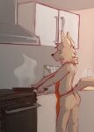  2020 anthro apron apron_only brown_body brown_fur butt canid canine canis clothing conditional_dnp cooking detailed_background digital_media_(artwork) domestic_dog elijah-draws eyes_closed fur hi_res inside kitchen light lighting male mammal mostly_nude shaded sitting solo 