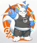  2021 absurd_res anthro aotoaka belly blue_body blue_fur blue_nose blush bottomwear clothing fur hi_res kemono male nintendo one_eye_closed overweight overweight_male pok&eacute;mon pok&eacute;mon_(species) shiny_pok&eacute;mon shirt shorts solo topwear video_games white_body white_fur wink zangoose 