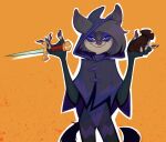  2021 absurd_res anthro blue_sclera canid canine canis cloak clothing dagger female hi_res holding_object holding_weapon hoodie lenyavok mammal melee_weapon oriana_thaffer outline solo topwear weapon white_outline wolf 