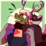  1:1 anthro antlers asian_mythology blonde_hair brown_body brown_fur clothing ditcher dragon duo east_asian_mythology eastern_dragon embrace forgemaster_asmordis fur green_body green_fur hair horn hug male male/male mammal mythology procyonid raccoon surprised_expression talons vird whiskers 